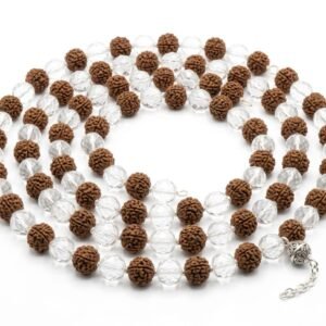 mala combining five faced (panchmukhi) rudraksha and quartz (sphatik)